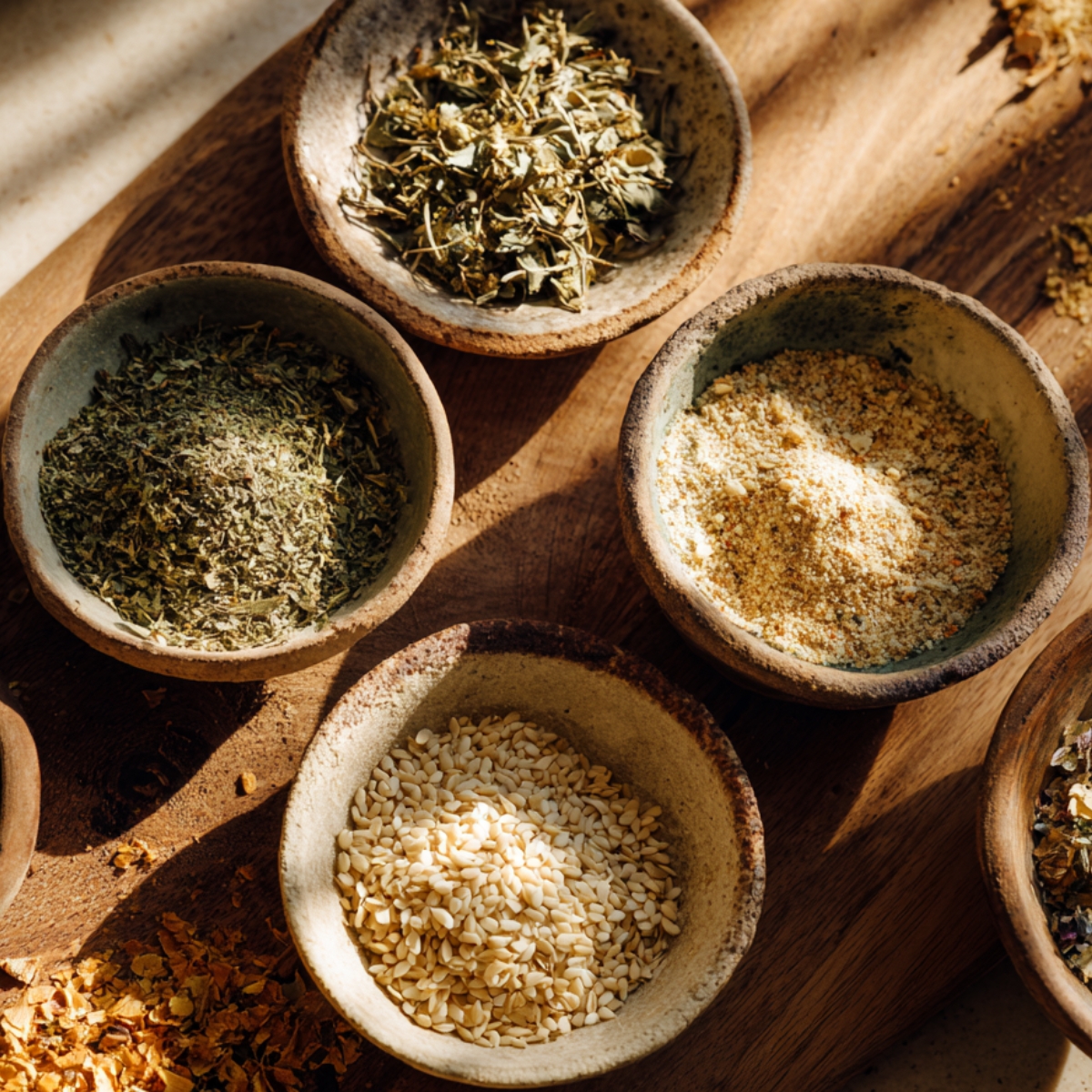 Rustic bowls of dried herbs, garlic powder, onion flakes, and sesame seeds on a wooden board, lit by soft natural sunlight.