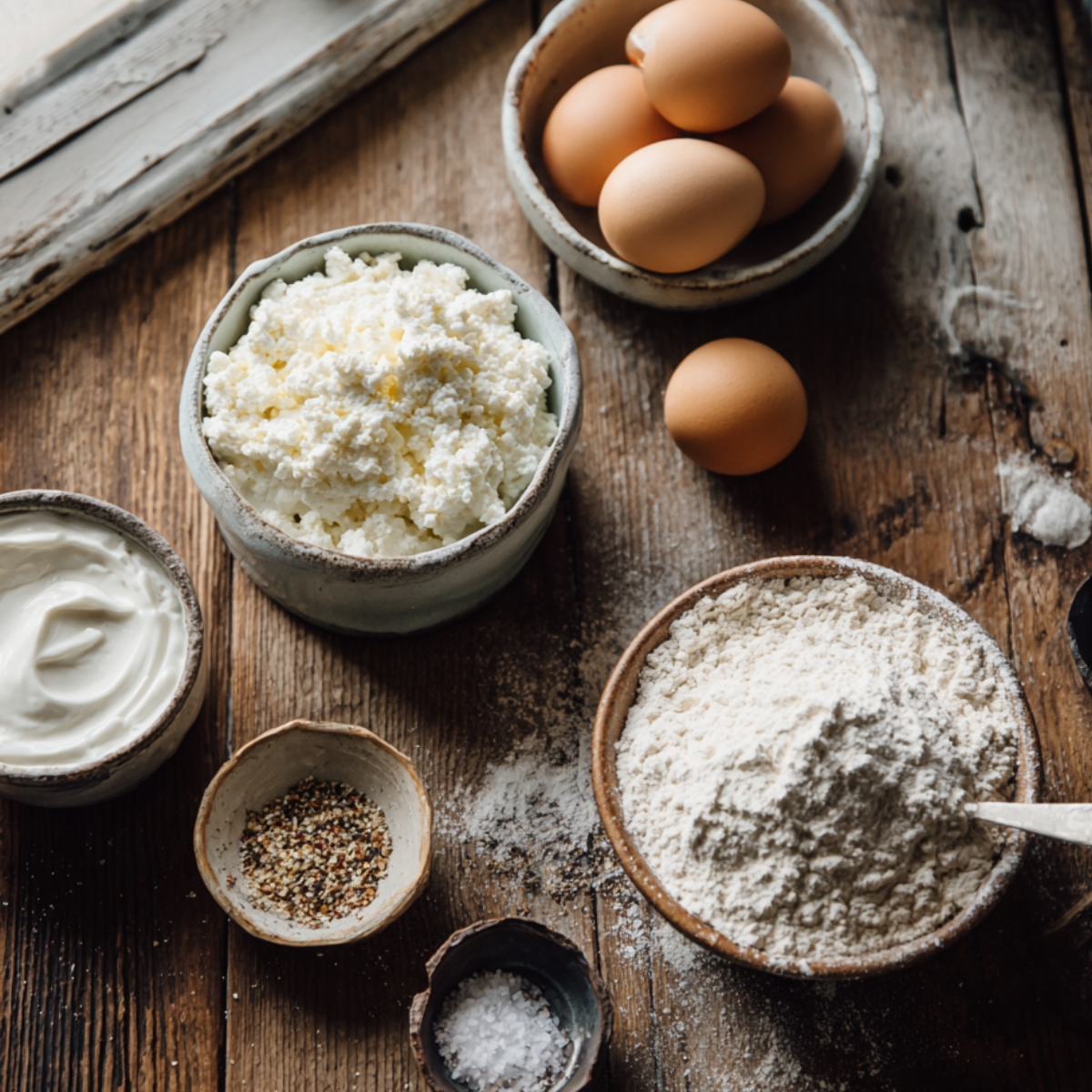 Cottage cheese, flour, Greek yogurt, eggs, salt, and seasoning arranged on a flour-dusted wooden surface in natural light.