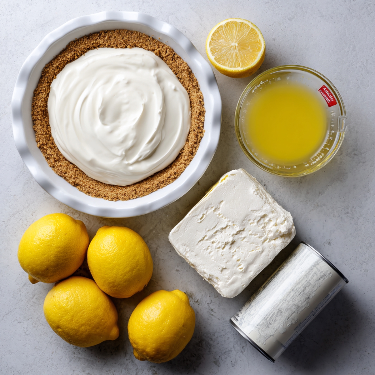 No-bake lemon pie in a white dish with creamy filling and graham cracker crust, surrounded by lemons, lemon juice, cream cheese, and sweetened condensed milk.