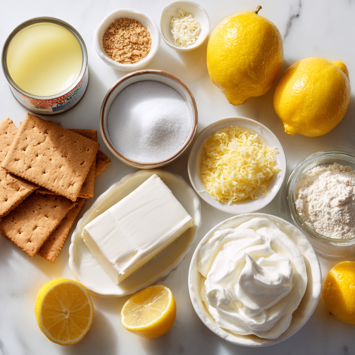 Flat lay of lemon pie ingredients: graham crackers, cream cheese, lemons, lemon zest, sugar, flour, Cool Whip, and condensed milk on a marble counter.