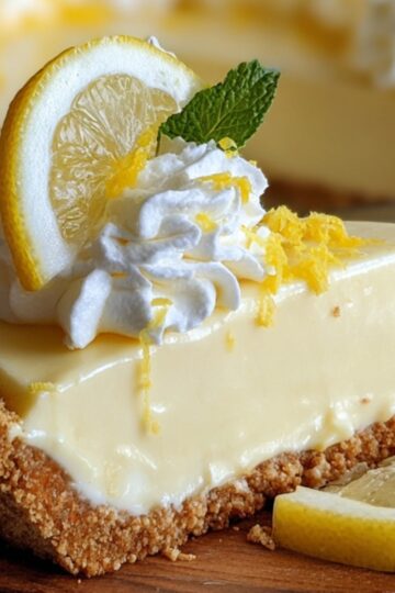 A creamy slice of homemade no-bake lemon pie with a golden graham cracker crust, topped with whipped cream, a lemon slice, mint leaf, and lemon zest. Served on a wooden board with a lemon wedge, the whole pie is softly visible in the background.