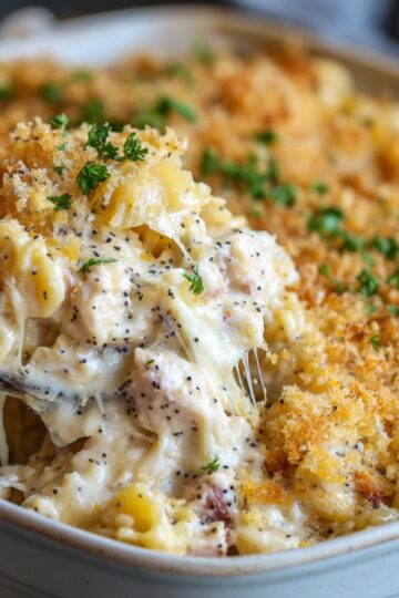 A white ceramic baking dish of homemade poppy seed chicken casserole with a golden breadcrumb-and-cheddar crust, black poppy seeds, and parsley, a wooden spoon lifting cheesy chicken and pasta strands.