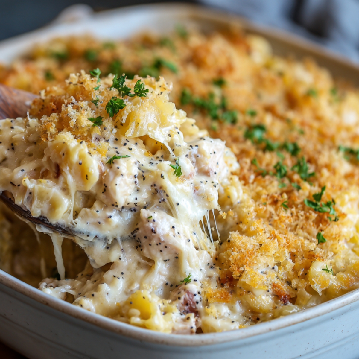 A white ceramic baking dish of homemade poppy seed chicken casserole with a golden breadcrumb-and-cheddar crust, black poppy seeds, and parsley, a wooden spoon lifting cheesy chicken and pasta strands.