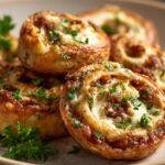 A stack of golden-brown crescent roll bites arranged on a plate, each one split open to reveal a swirl of creamy white cheese and crumbled breakfast sausage cream cheese crescent rolls inside. The flaky pastry layers glisten with an egg-wash sheen, and a sprinkle of fresh parsley adds a touch of green on top.