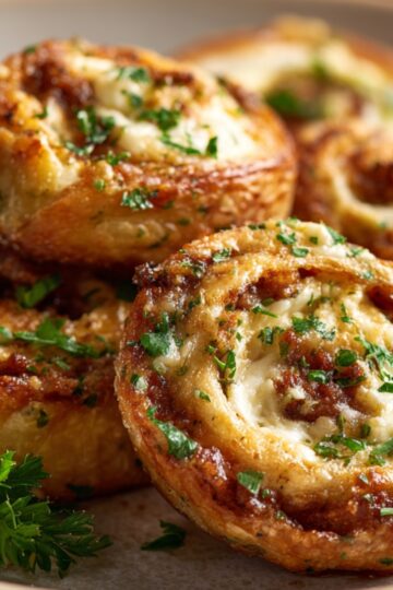 A stack of golden-brown crescent roll bites arranged on a plate, each one split open to reveal a swirl of creamy white cheese and crumbled breakfast sausage cream cheese crescent rolls inside. The flaky pastry layers glisten with an egg-wash sheen, and a sprinkle of fresh parsley adds a touch of green on top.