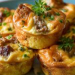 A close-up, homemade stack of golden-brown sausage pancake muffins nestled together on a dark plate. Each mini muffin has crisp, slightly puffed edges of fluffy pancake batter wrapped around a savory breakfast-sausage filling, with melty pockets of cheddar peeking through. They’re garnished with fresh, finely chopped chives and a small sprig of parsley on top, all shot in natural light that highlights the warm, comforting textures.