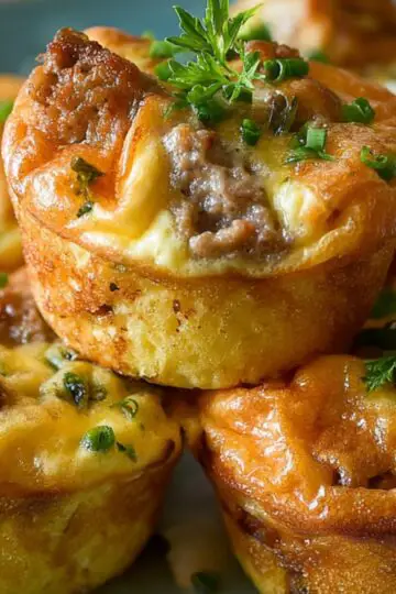 A close-up, homemade stack of golden-brown sausage pancake muffins nestled together on a dark plate. Each mini muffin has crisp, slightly puffed edges of fluffy pancake batter wrapped around a savory breakfast-sausage filling, with melty pockets of cheddar peeking through. They’re garnished with fresh, finely chopped chives and a small sprig of parsley on top, all shot in natural light that highlights the warm, comforting textures.