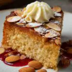 A slice of almond cake recipe topped with sliced almonds, dusted with powdered sugar, and finished with a swirl of cream, served with almonds and red sauce on the plate.