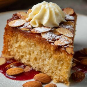 A slice of almond cake recipe topped with sliced almonds, dusted with powdered sugar, and finished with a swirl of cream, served with almonds and red sauce on the plate.