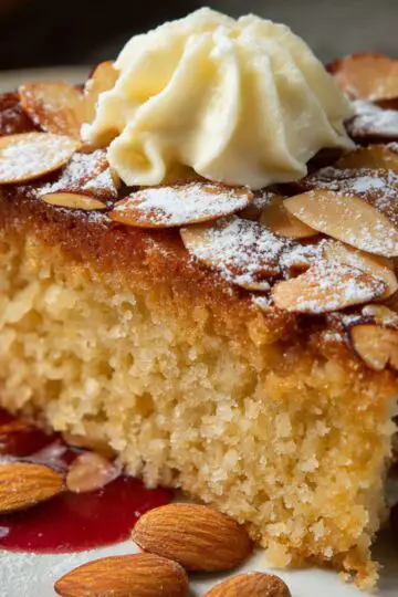 A slice of almond cake recipe topped with sliced almonds, dusted with powdered sugar, and finished with a swirl of cream, served with almonds and red sauce on the plate.