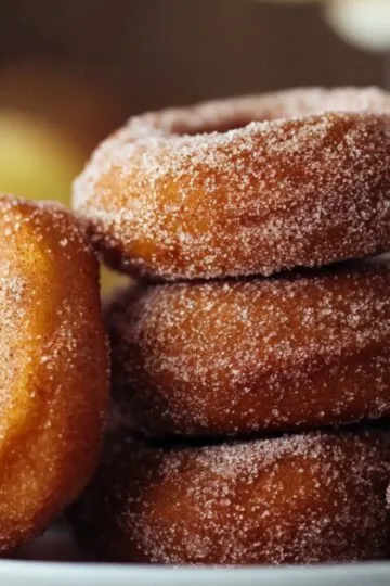 A white plate stacked with cinnamon-sugar donuts, with Apple Cider Donuts Recipe and flowers in the background.