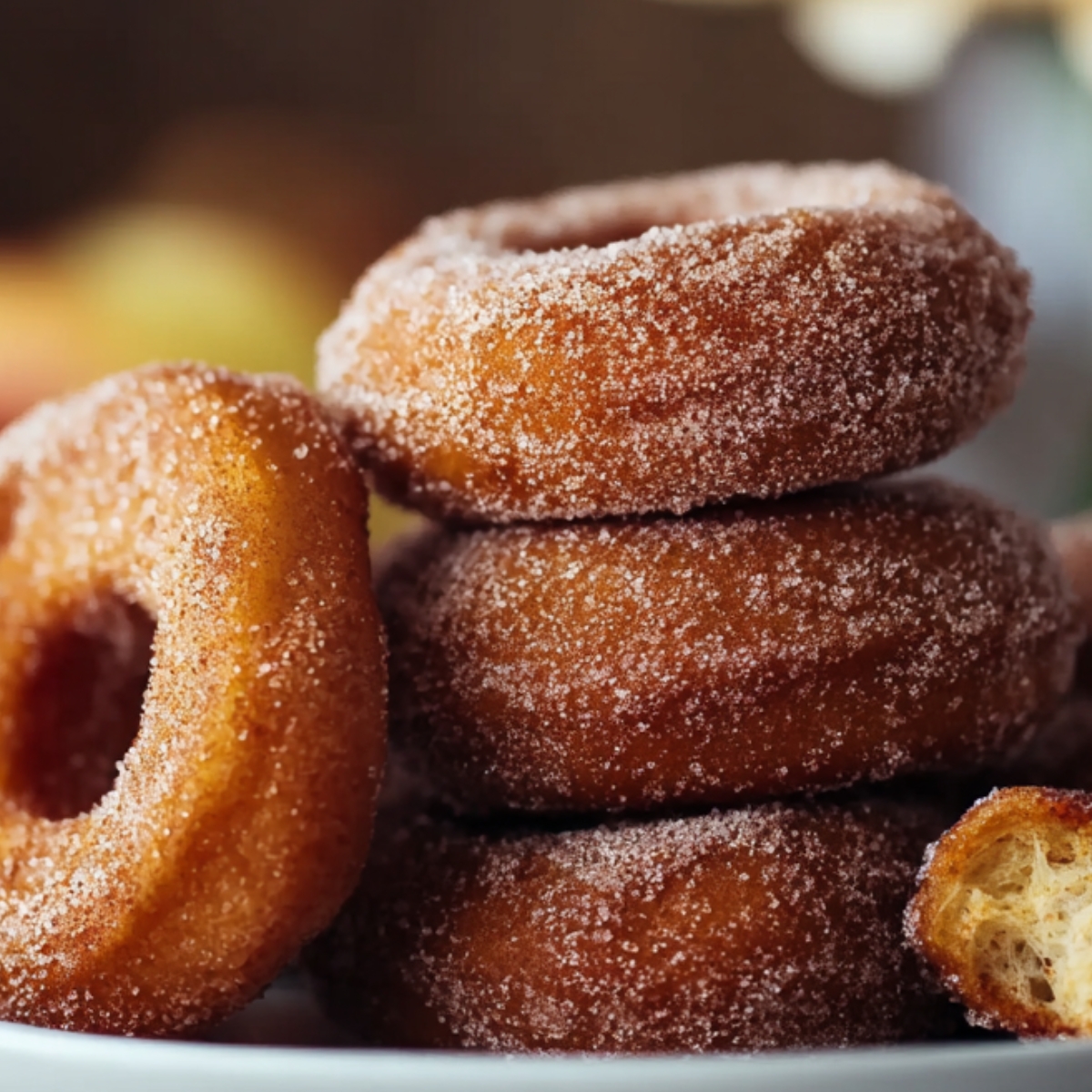A white plate stacked with cinnamon-sugar donuts, with Apple Cider Donuts Recipe and flowers in the background.