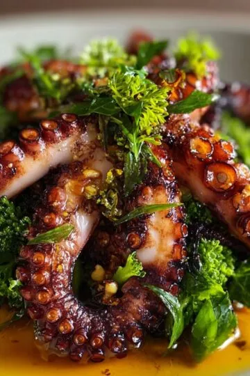 Cooked Baby Octopus Recipe tentacles served over greens with a drizzle of oil and herbs on a plate.