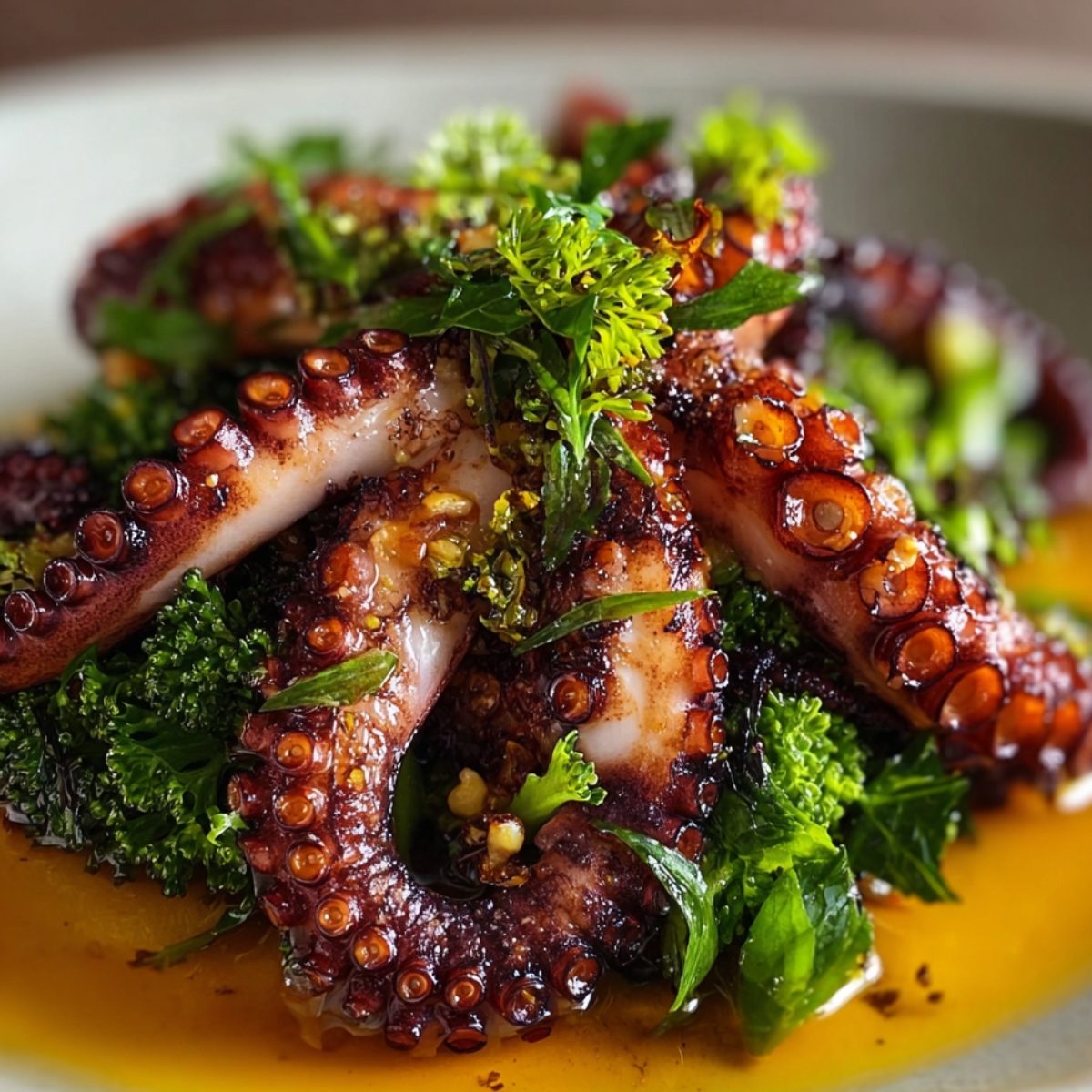 Cooked Baby Octopus Recipe tentacles served over greens with a drizzle of oil and herbs on a plate.
