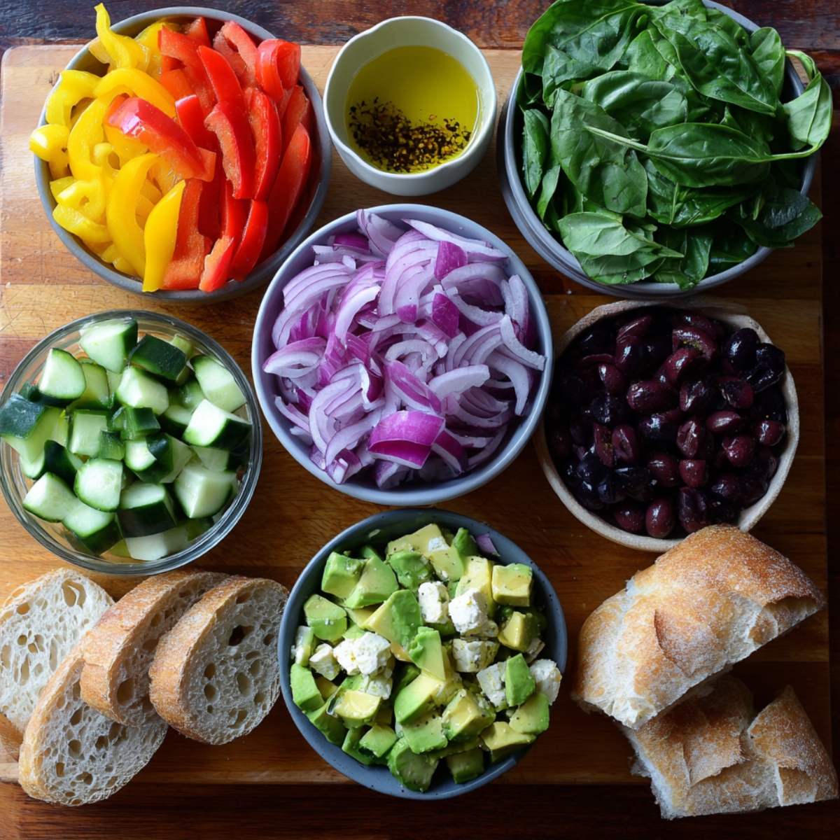 A colorful Mediterranean spread featuring bowls of chopped cucumbers, red and yellow bell peppers, red onions, black olives, fresh spinach, avocado with feta, olive oil, and slices of fresh bread on a wooden board.