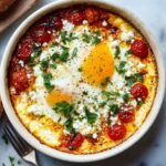 A ceramic bowl filled with baked feta eggs, topped with sunny-side-up eggs, roasted cherry tomatoes, crumbled feta, chopped parsley, and freshly cracked black pepper. Toasted bread and a fork are placed beside the bowl.