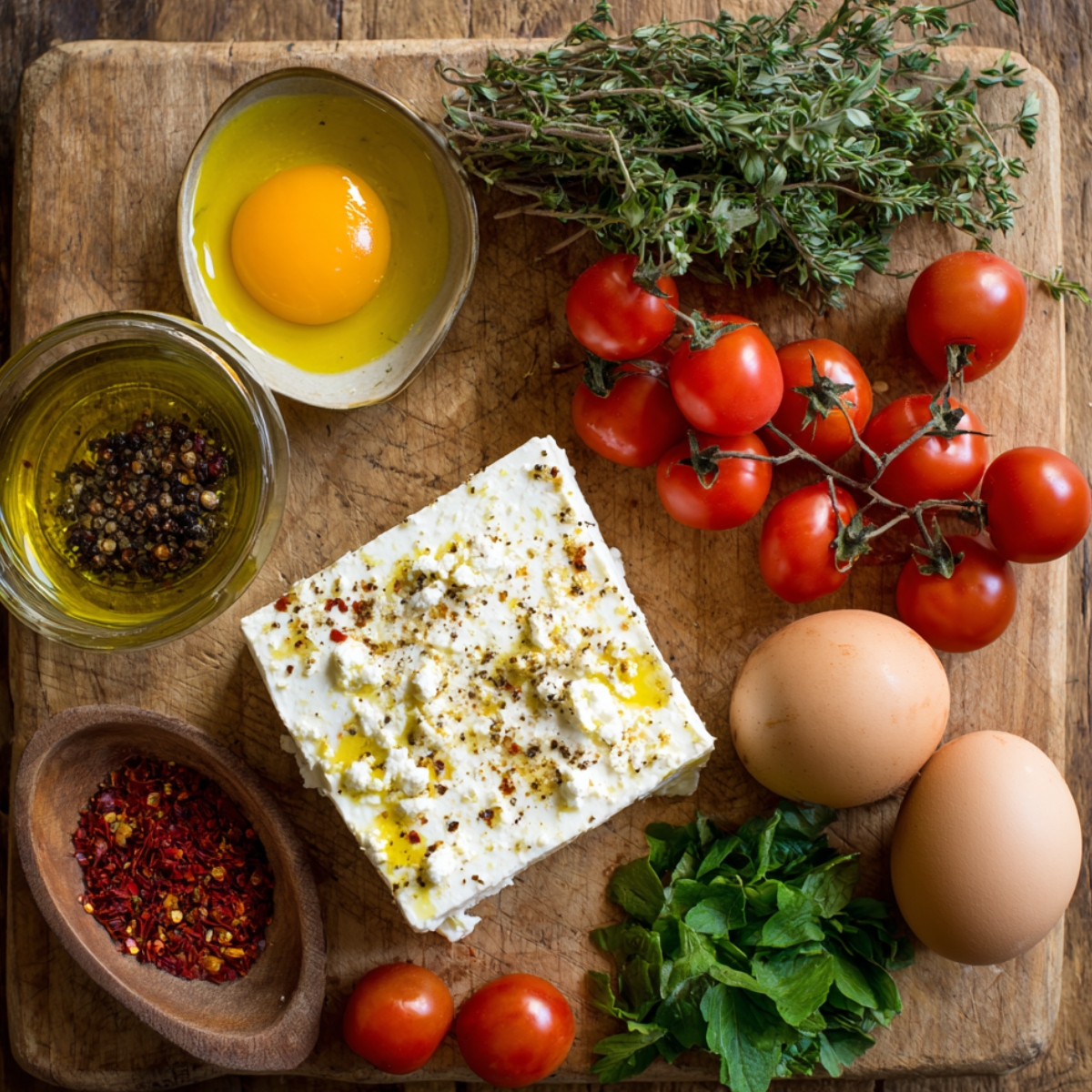 Fresh ingredients for baked feta eggs laid out on a wooden board, including a block of feta cheese, cherry tomatoes, eggs, herbs like thyme and mint, olive oil with pepper, and a bowl of chili flakes.