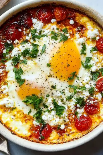 A ceramic bowl filled with baked feta eggs, topped with sunny-side-up eggs, roasted cherry tomatoes, crumbled feta, chopped parsley, and freshly cracked black pepper. Toasted bread and a fork are placed beside the bowl.