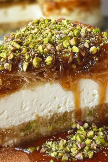 A slice of baklava cheesecake on a wooden plate, topped with chopped pistachios and honey dripping down the sides, with the whole cake in the background on a plate.