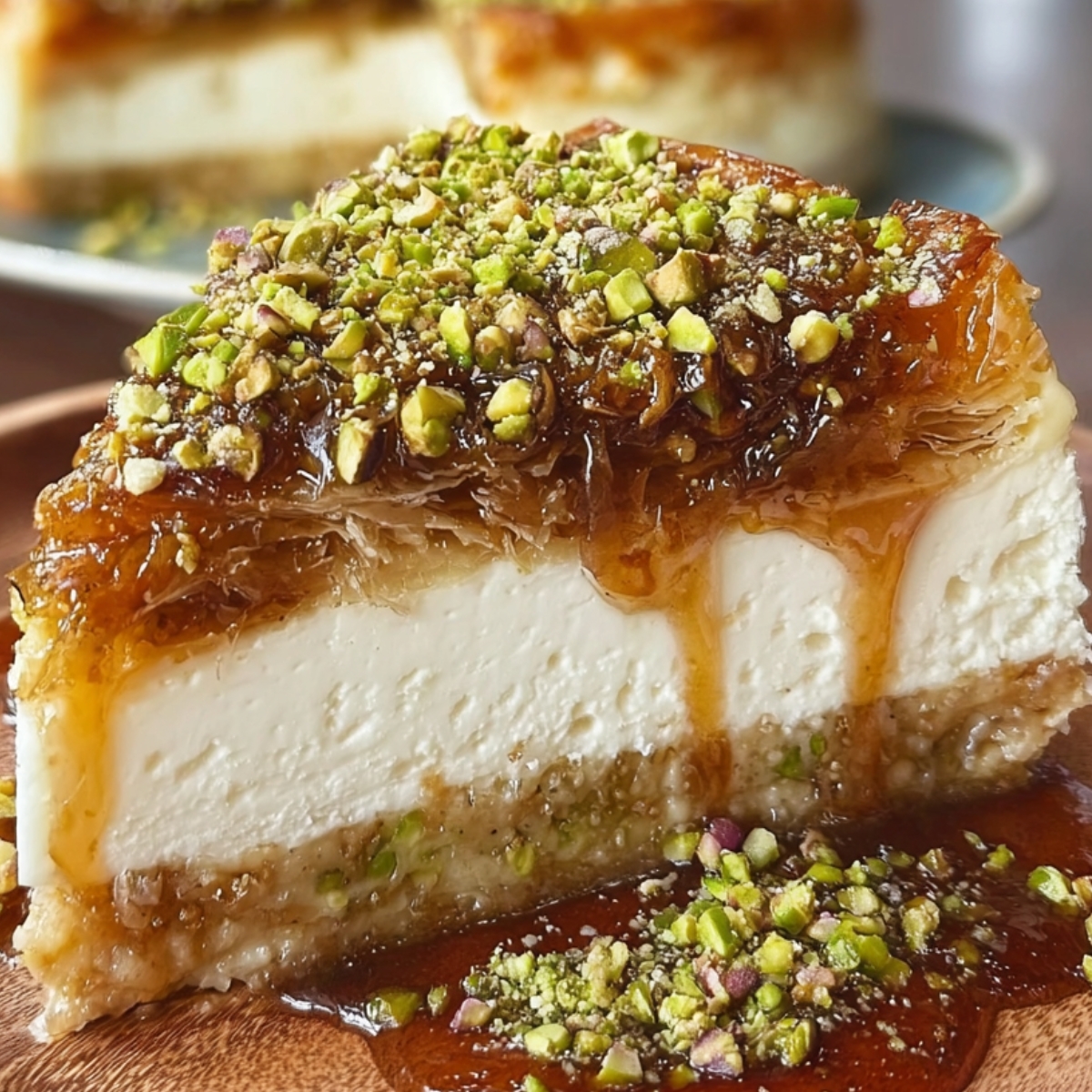 A slice of baklava cheesecake on a wooden plate, topped with chopped pistachios and honey dripping down the sides, with the whole cake in the background on a plate.