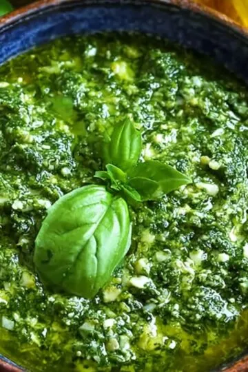 A bowl of vibrant green Basil Pesto Recipe topped with a basil leaf, with fresh basil and olive oil on the side