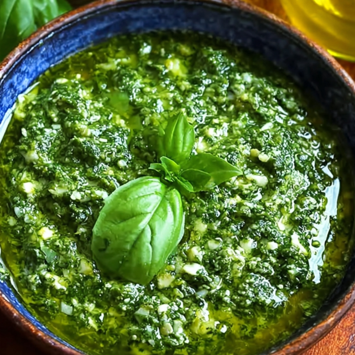 A bowl of vibrant green Basil Pesto Recipe topped with a basil leaf, with fresh basil and olive oil on the side
