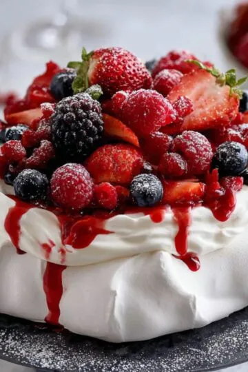 Elegant Berry Pavlova dessert with a crisp meringue base, whipped cream topping, and a mix of fresh strawberries, raspberries, blackberries, and blueberries, drizzled with berry sauce, served on a black cake stand.
