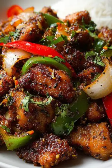 Spicy black pepper chicken stir-fry with green and red bell peppers, onions, and herbs served with steamed white rice on a plate