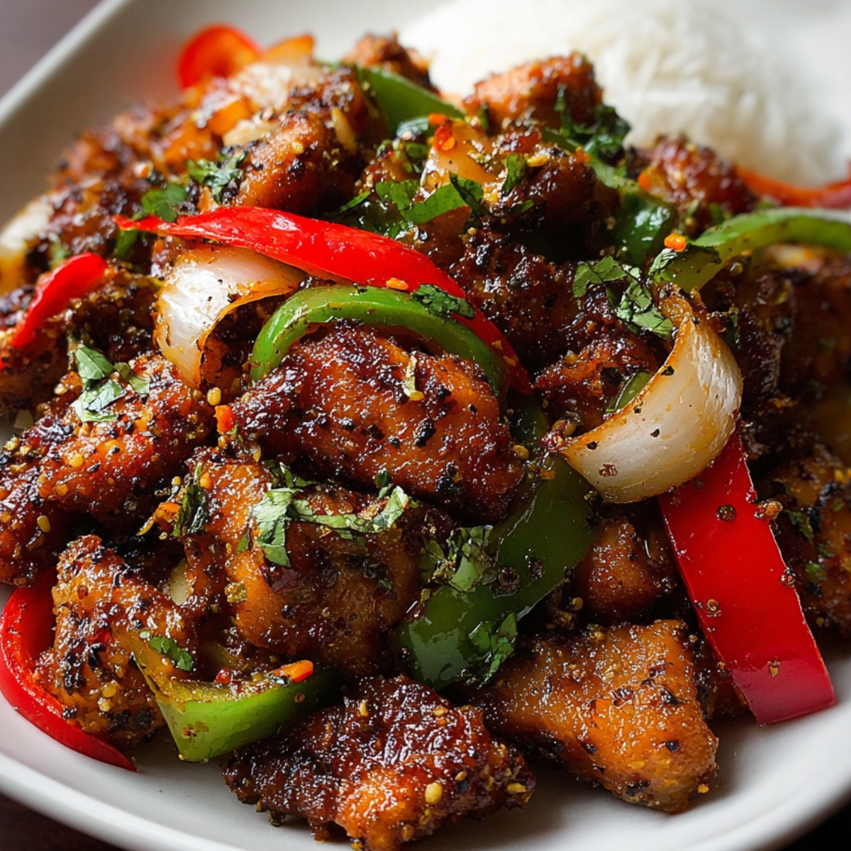 Spicy black pepper chicken stir-fry with green and red bell peppers, onions, and herbs served with steamed white rice on a plate