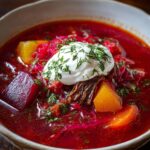 A bowl of vibrant red borscht soup recipe with chunks of beet, carrot, and beef, topped with a dollop of sour cream and sprinkled with dill.