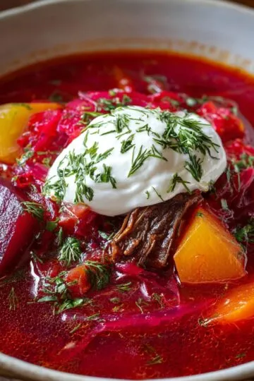 A bowl of vibrant red borscht soup recipe with chunks of beet, carrot, and beef, topped with a dollop of sour cream and sprinkled with dill.