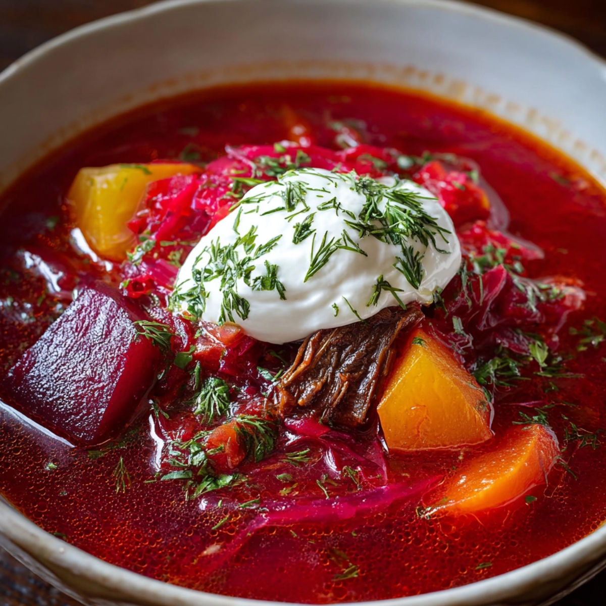 A bowl of vibrant red borscht soup recipe with chunks of beet, carrot, and beef, topped with a dollop of sour cream and sprinkled with dill.