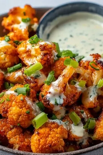 Bowl of buffalo cauliflower bites topped with chopped green onions, served with a side of creamy ranch dressing.