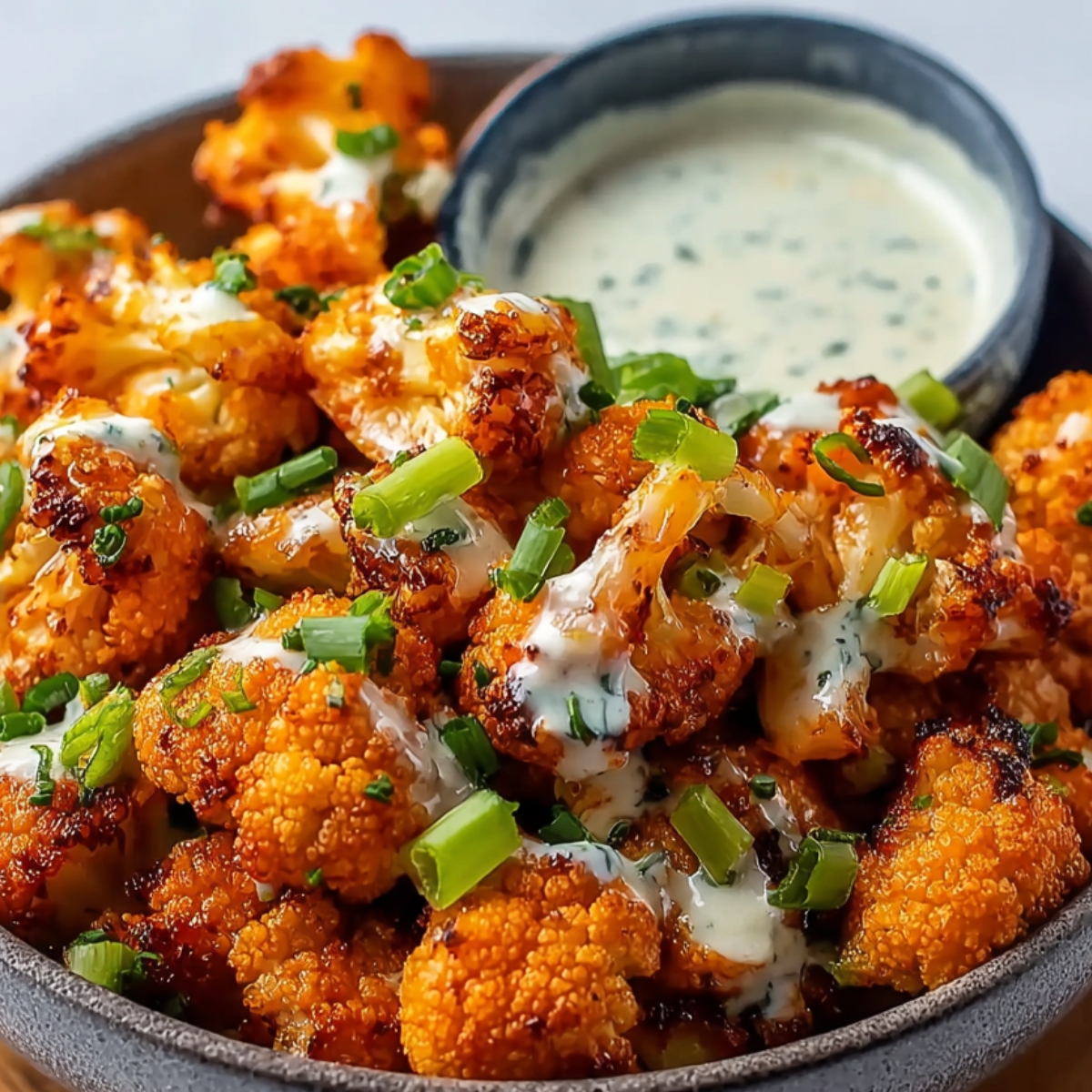 Bowl of buffalo cauliflower bites topped with chopped green onions, served with a side of creamy ranch dressing.