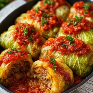 Homemade Cabbage Rolls Recipe in a baking dish, topped with chunky tomato sauce and fresh parsley, one roll cut open to show the beef and rice filling.