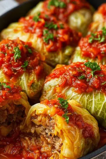 Homemade Cabbage Rolls Recipe in a baking dish, topped with chunky tomato sauce and fresh parsley, one roll cut open to show the beef and rice filling.