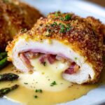 Crispy golden chicken cordon bleu sliced open to reveal melted cheese and ham inside, served with asparagus and creamy sauce.