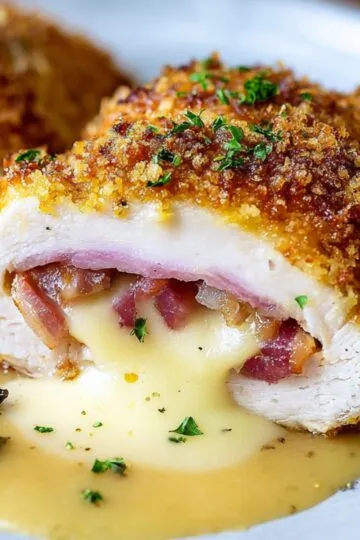 Crispy golden chicken cordon bleu sliced open to reveal melted cheese and ham inside, served with asparagus and creamy sauce.