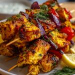 Close-up of juicy homemade chicken kebab recipe grilled on skewers, served with herbs and spices.