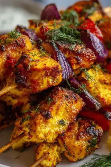 Close-up of juicy homemade chicken kebab recipe grilled on skewers, served with herbs and spices.