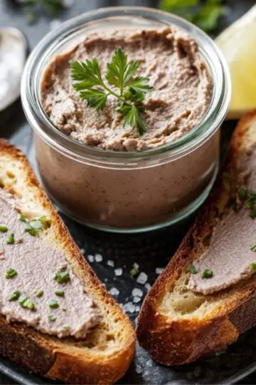 A jar of Chicken Liver Pate recipe garnished with parsley, served with two slices of toasted bread spread with pâté, with the word “PATE” spelled in wooden letters in the background.