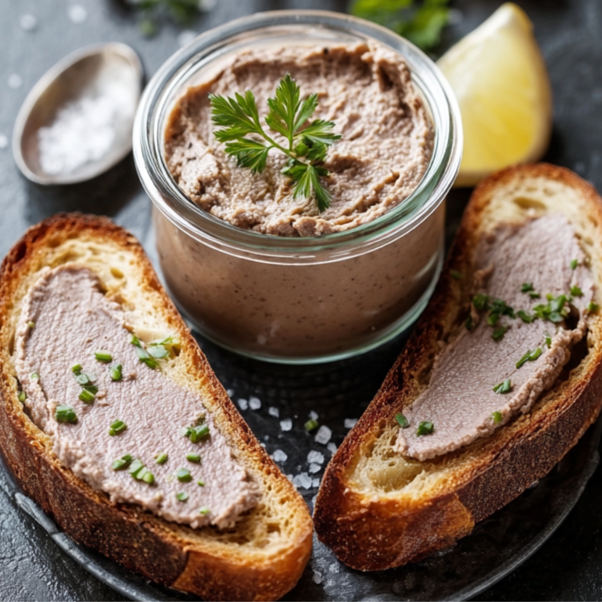A jar of Chicken Liver Pate recipe garnished with parsley, served with two slices of toasted bread spread with pâté, with the word “PATE” spelled in wooden letters in the background.