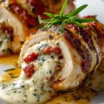 Plated chicken rollatini with melted mozzarella and herbs spilling out, garnished with fresh rosemary and served in a rich sauce.