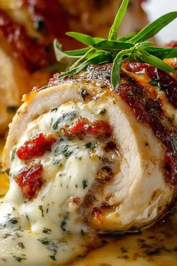 Plated chicken rollatini with melted mozzarella and herbs spilling out, garnished with fresh rosemary and served in a rich sauce.