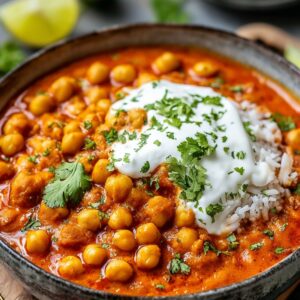 Bowl of chickpea tikka masala recipe garnished with cilantro, served alongside fluffy rice in a rustic setting.