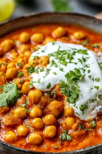 Bowl of chickpea tikka masala recipe garnished with cilantro, served alongside fluffy rice in a rustic setting.