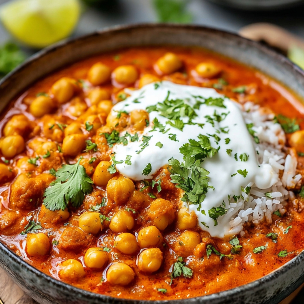Bowl of chickpea tikka masala recipe garnished with cilantro, served alongside fluffy rice in a rustic setting.