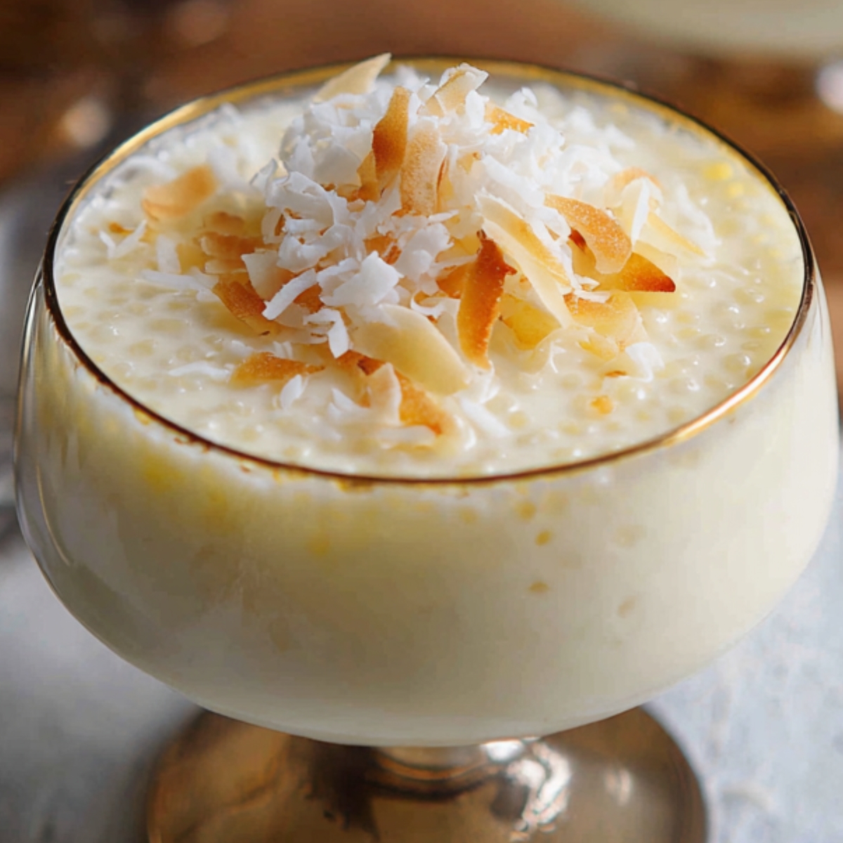 Glass dessert cups of coconut tapioca pudding, topped with toasted coconut flakes, set on a light blue surface with spoons in the background.