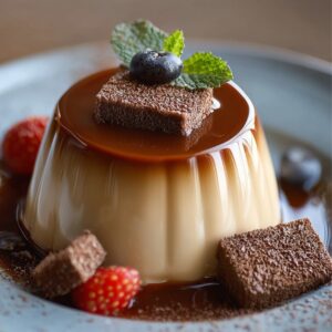 A creamy Coffee Panna Cotta topped with caramel sauce, garnished with a blueberry, mint leaves, and chocolate sponge cubes, surrounded by strawberries and chocolate pieces on a stylish plate.