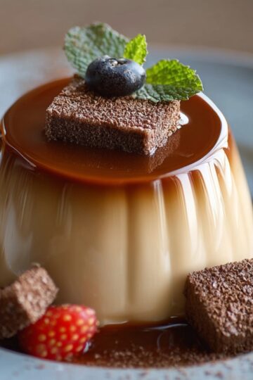 A creamy Coffee Panna Cotta topped with caramel sauce, garnished with a blueberry, mint leaves, and chocolate sponge cubes, surrounded by strawberries and chocolate pieces on a stylish plate.